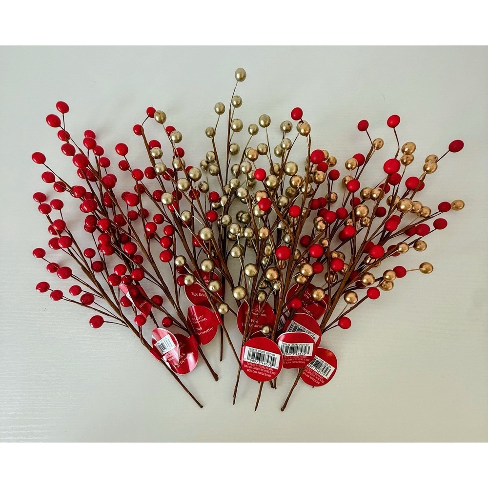 Ashland Christmas Berry Picks Lot of 12 Red Gold Floral Stems Holiday Decor NWT
